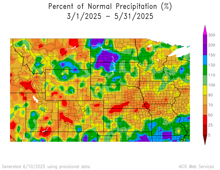 Percent 1991-2020 normal precipitation in the Missouri River Basin