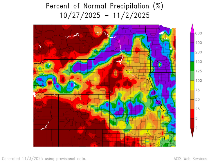 Departure from 1991-2020 normal precipitation in the High Plains Region