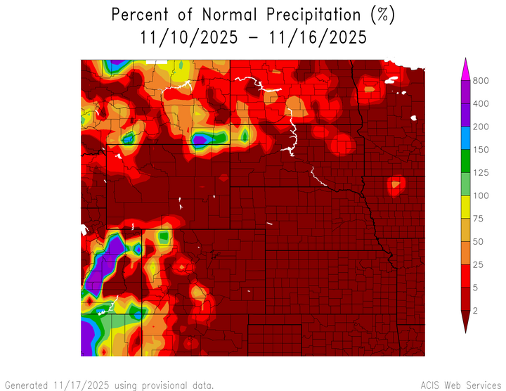 Departure from 1991-2020 normal precipitation in the High Plains Region
