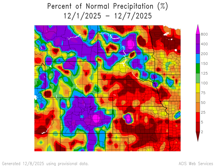 Departure from 1991-2020 normal precipitation in the High Plains Region