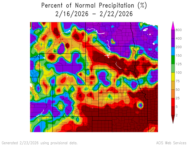 Percent 1991-2020 normal precipitation in the High Plains Region