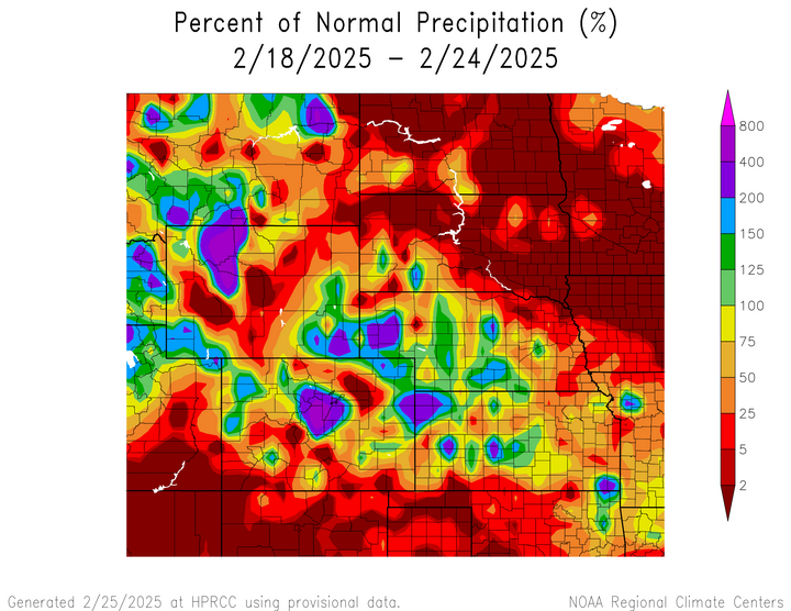 Departure from 1991-2020 normal precipitation in the High Plains Region