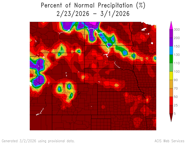 Percent 1991-2020 normal precipitation in the High Plains Region