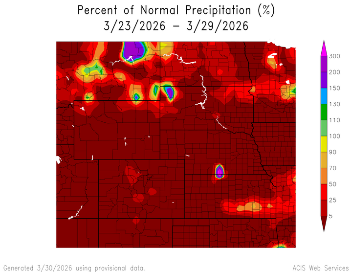 Percent 1991-2020 normal precipitation in the High Plains Region