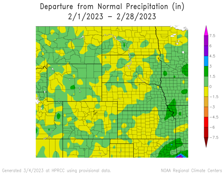 Departure from 1991-2020 normal precipitation in the High Plains Region