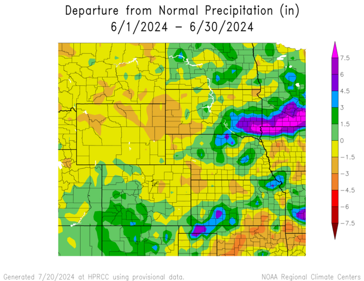Departure from 1991-2020 normal precipitation in the High Plains Region