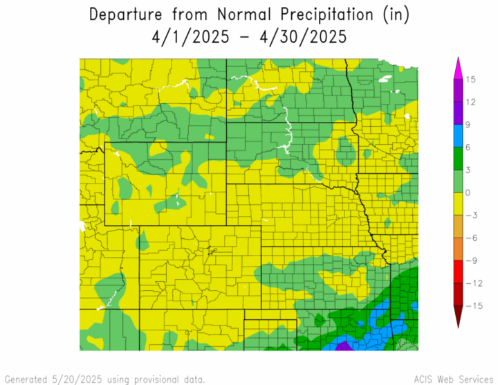 Departure from 1991-2020 normal precipitation in the High Plains Region
