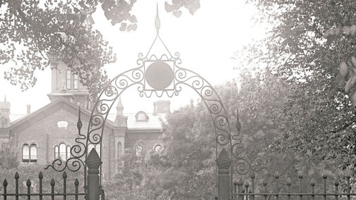 Archival photo of the entrance gate to the Gardens of Love South