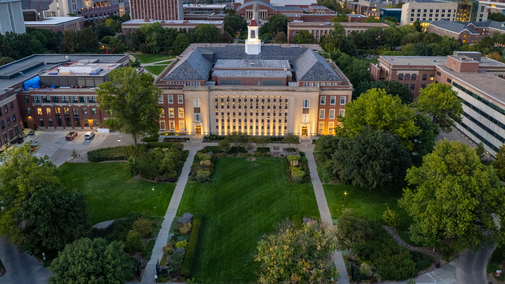 Photo of the aerial view of Love Library on campus